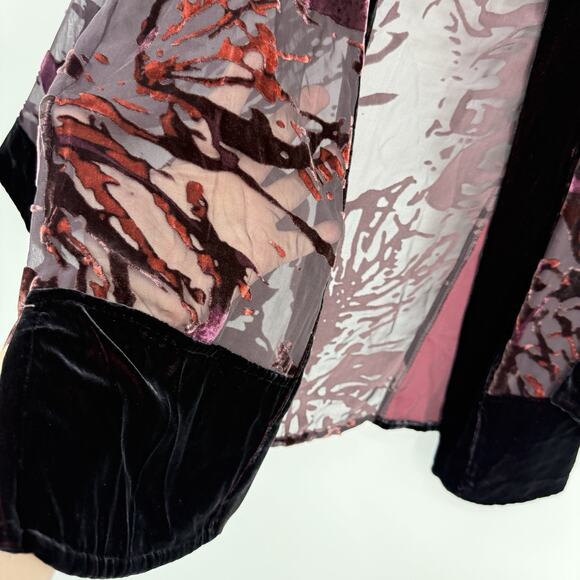 Chicos size Small Silk Blend Velvet Burnout Kimono Jacket Purple Open front Boho - Picture 4 of 10